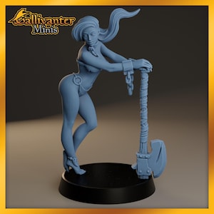 May include: A light blue miniature figurine of a woman with long flowing hair, leaning on a large axe. The figurine is on a black base. The text "Gallivanter Minis" is in the upper left corner.