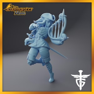 Nithehn Starwander, Female Elf Bard with Star Harp | 28mm / 32mm D&D Pathfinder Miniature Fantasy Figurine | by Twin Goddess Miniatures