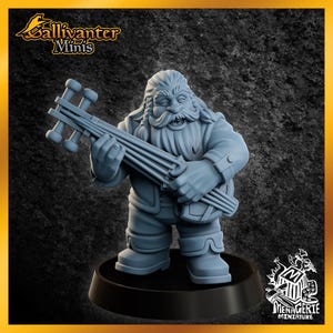 May include: A light gray miniature of a dwarf playing a stringed instrument. The dwarf has a long beard and is wearing a jacket and pants. The miniature is on a black base. The image includes the text "Gallivanter Minis" and "Menagerie Miniature".