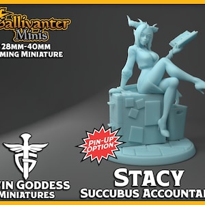 Stacy, the Succubus Accountant w/ Pin-Up Option | Twin Goddess Miniatures: July 2021 | 28mm 32mm 35mm 40mm Resin NSFW Gaming Figurine