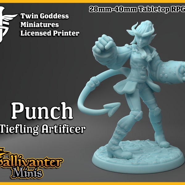 Punch, the Tiefling Artificer | Twin Goddess Miniatures: June 2021 | 28mm 32mm 35mm 40mm Resin Gaming Figurine