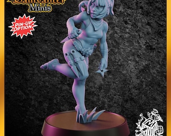 May include: A light blue unpainted resin miniature figure of a character in a dynamic pose, holding a dagger and a shuriken. The figure features a belt with multiple daggers, a ponytail, and stands on a circular base with grass-like details.