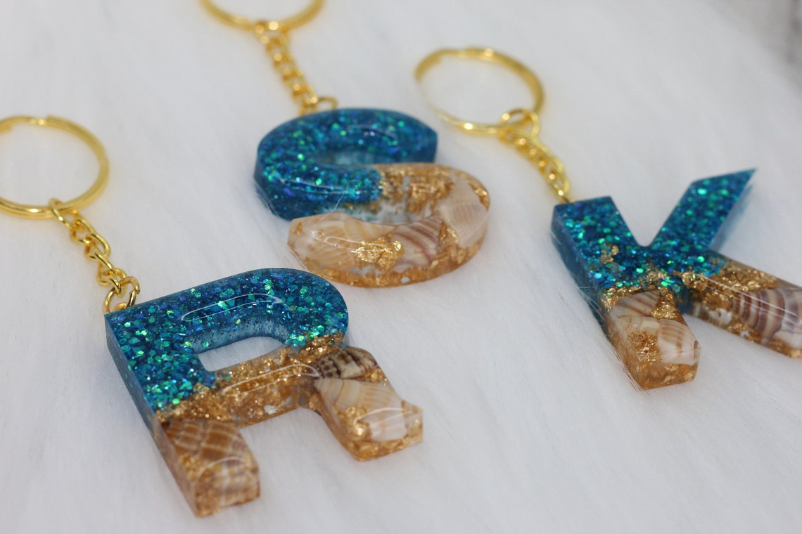 Beach Themed Initial Letter Resin Keychain Resin Letter Etsy