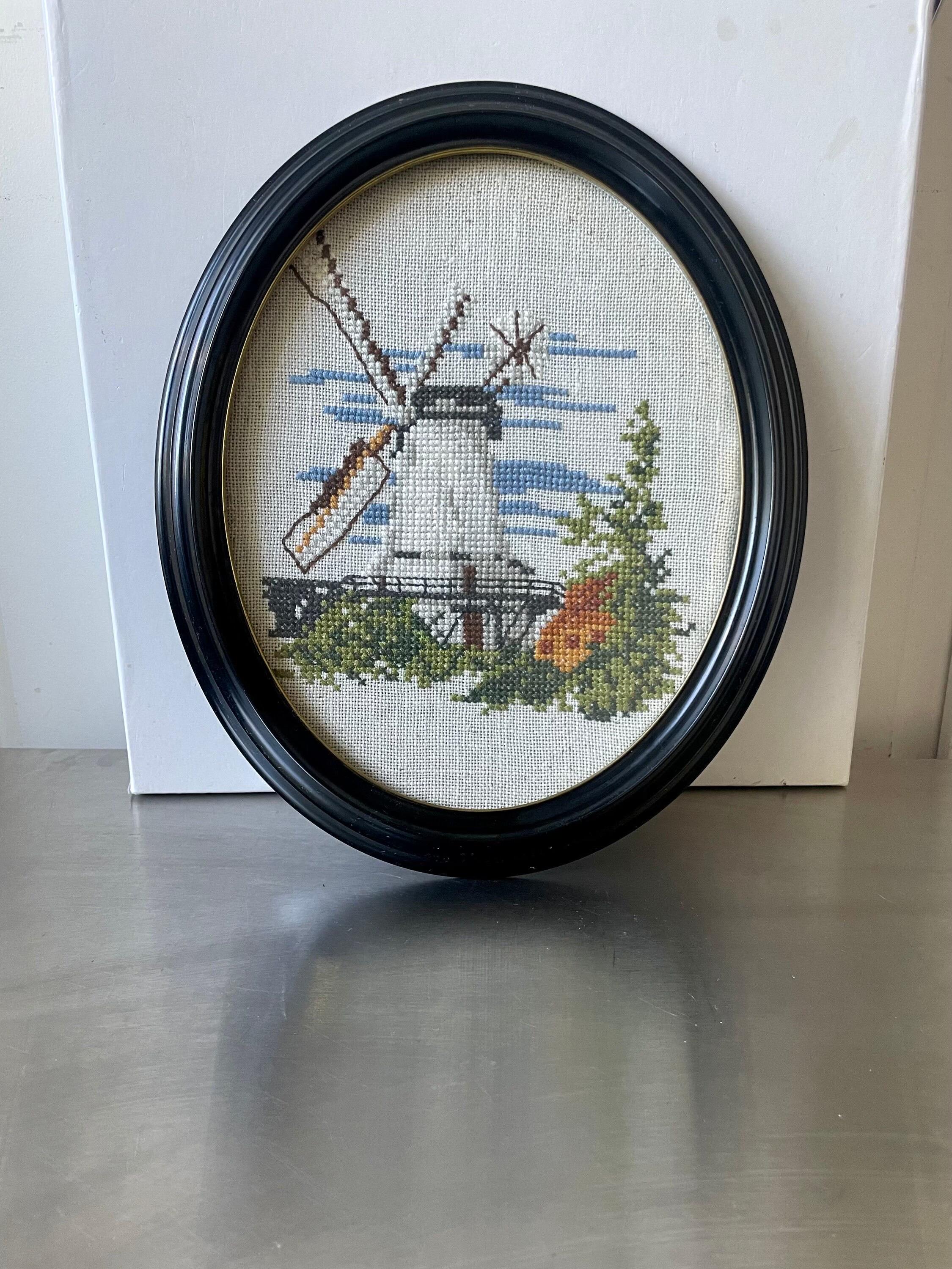 XL Bakelite Oval Vintage Picture Frame With Embroidery