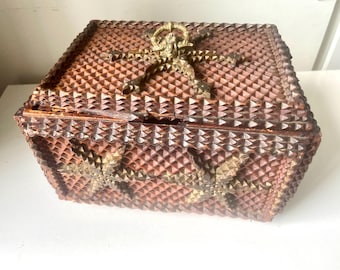 Antique Tramp art  Handcarved Wooden Table-Top box  Keepsake Box
