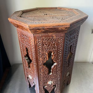 Antique Octagonal  Ottoman Turkish table with inlays and intricate carvings with distress