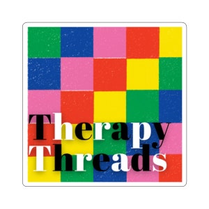 May include: A colorful square pattern in shades of green, blue, pink, red, and yellow with the text "Therapy Threads" in black and white letters.