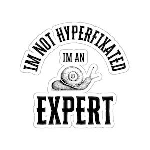 May include: Black and white sticker with the text "I'm not hyperfixated I'm an expert" and a snail illustration.
