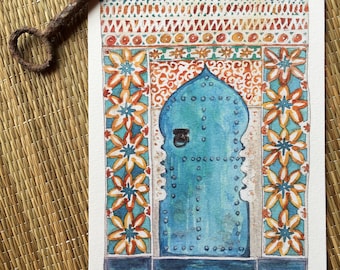 Moroccan door - Morocco - architecture - tiles - colors - watercolor painting - digital art print