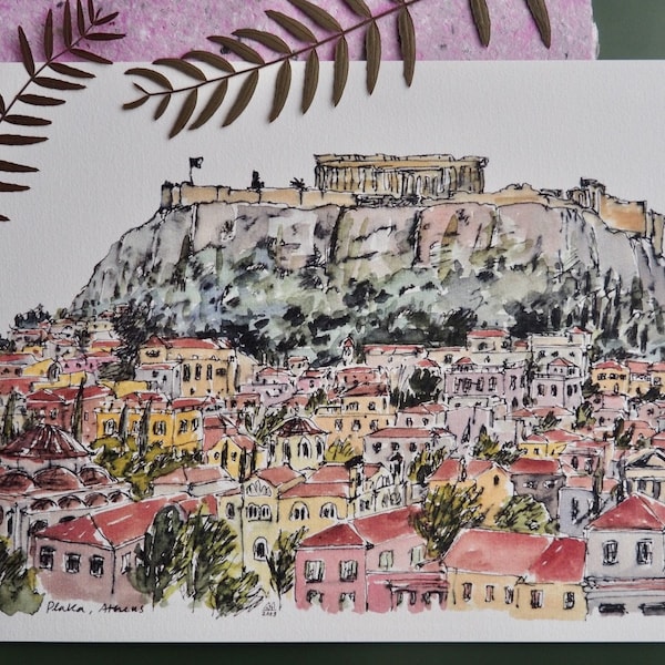 Athene - Griekenland - Parthenon - Akropolis - Plaka - huizen - architectuur - stadsgezicht - aquarel - digitale kunstprint