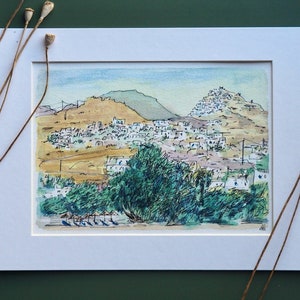 Serifos - Livadakia beach - island - Greece - Cyclades - Mediterranean - landscape - town - summer - watercolor painting - digital art print