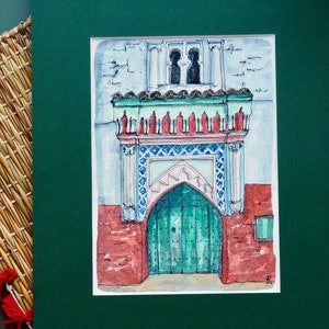 La porta verde - Porta marocchina - Marocco - architettura tradizionale - piastrelle - colori - acquarello originale