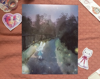 Bunny Fireflies Art Print | Kawaii Animal Illustration | Children&#39;s Book Artwork