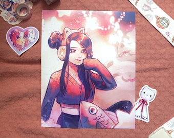 Gamer Girl Art Print | Aesthetic E-Girl Twitch Streamer Artwork | Kawaii Anime Illustration | 4x6 or 8x10 Posters for Dorm Wall Decor Gifts