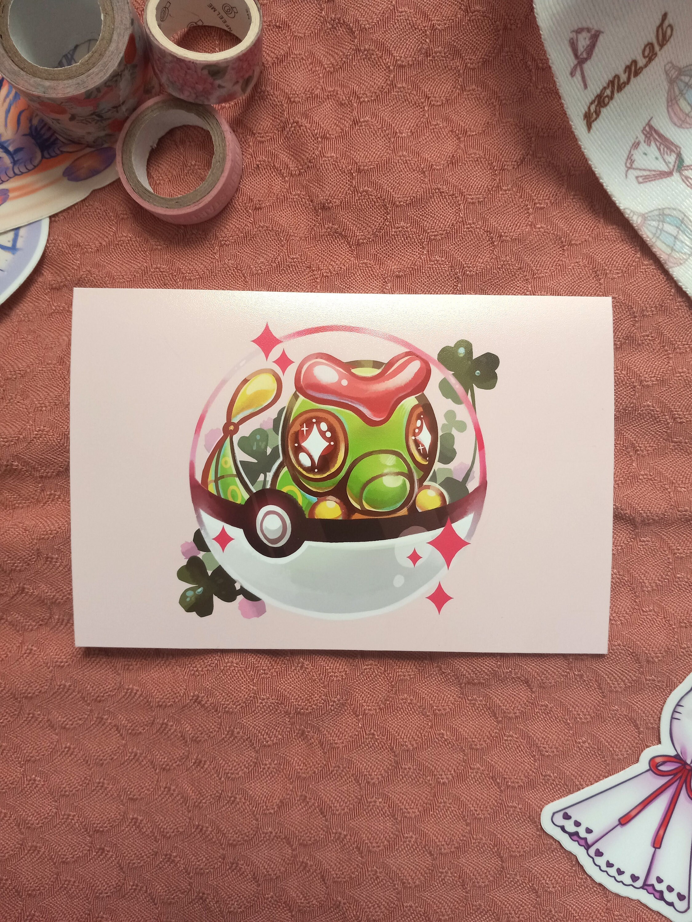 Caterpie Bug Pokemon Pokeball Art Print | 4 x 6 inch Poster | Pink Green Cute Aeshtetic Caterpillar with Clovers