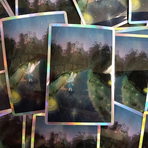 Pegatina holográfica de conejo / Arte original de personajes de libros infantiles holográficos / Calcomanía ilustrada de 3" para botellas de agua, diarios y computadoras portátiles