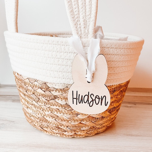 Etiqueta de conejito, etiqueta con nombre de conejito de Pascua, etiqueta con nombre de niño personalizada, conejito boho, etiqueta de madera de canasta personalizada