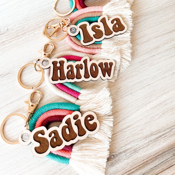 Personalized Macrame Rainbow Name Tag, Boho Keychain, Backpack Name Tag, Teacher Keychain, Personalized Name Bag Tag