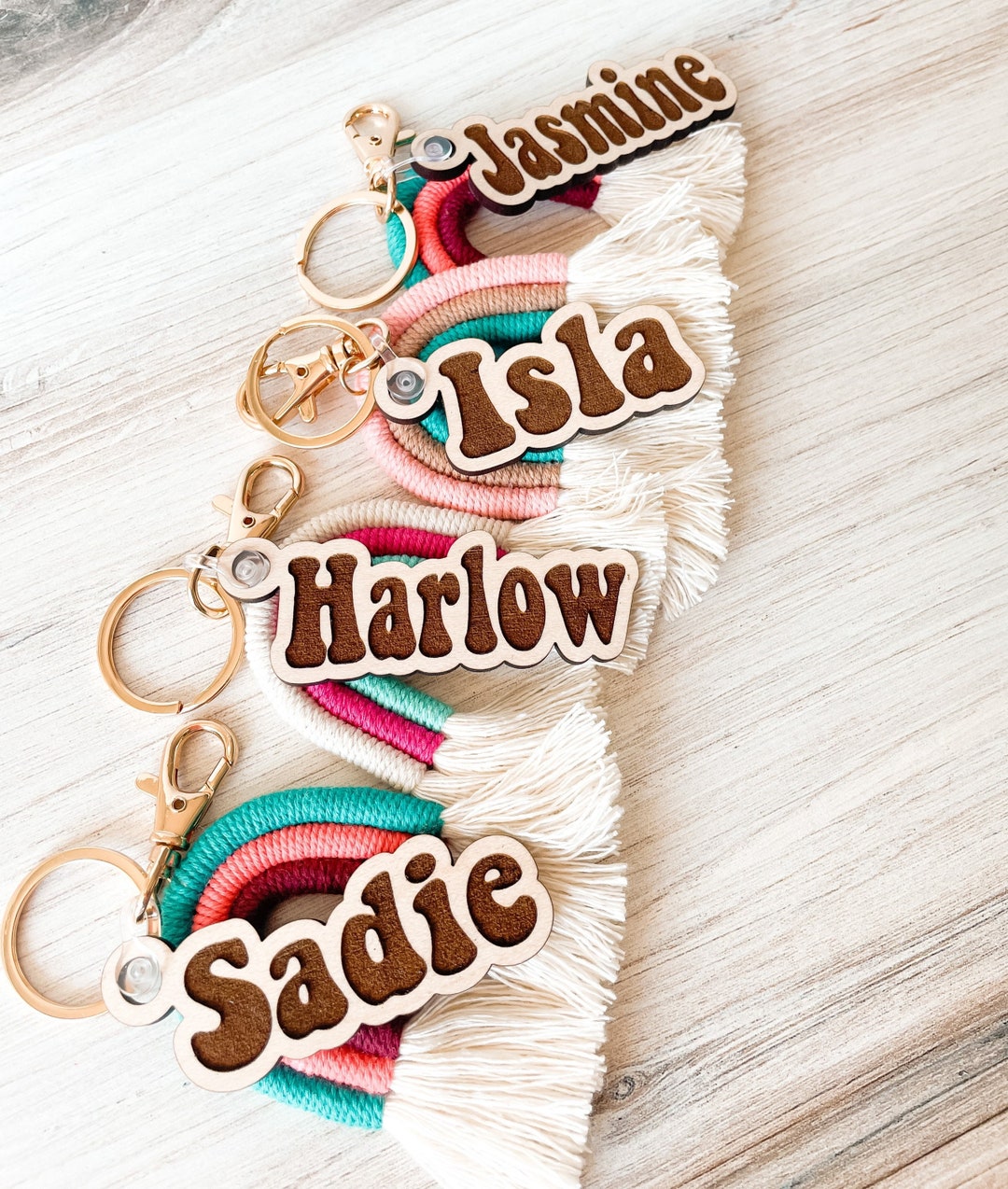 Personalized Macrame Rainbow Name Tag, Boho Keychain, Backpack Name Tag ...