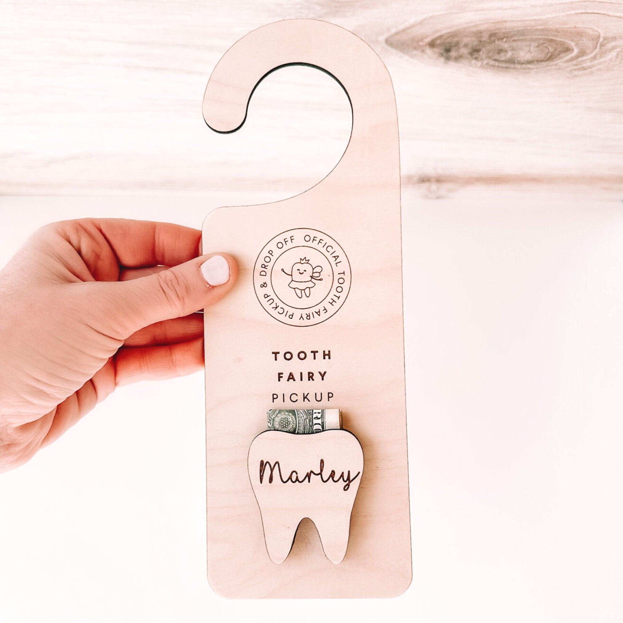 Tooth Fairy Wooden Door Hanger, Custom Name Tooth Fairy Pick Up Box, Boy Girl Teeth Holder, personalized kids tooth fairy sign, Money Holder
