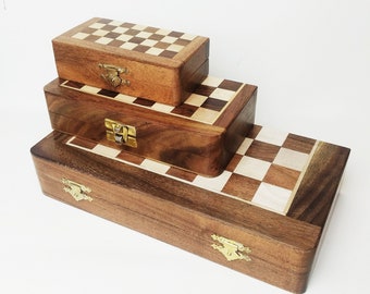 Juego de ajedrez magnético de madera hecho a mano personalizado (5"/7"/10"/12"/14") - Juego de ajedrez plegable de viaje de madera dura de 5 pulgadas y 7 pulgadas grabado Mini India Reino Unido