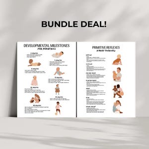 Op de afbeelding: Twee pagina's met ontwikkelingsmijlpalen en primitieve reflexen voor de kindergeneeskunde. De linkerpagina toont mijlpalen op 2, 6, 12 en 18 maanden. De rechterpagina beschrijft primitieve reflexen. Tekst bevat "BUNDLE DEAL!" en "DEVELOPMENTAL MILESTONES FOR PEDIATRICS."