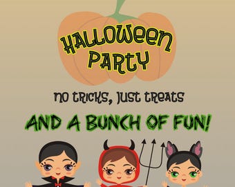 Halloween Kids Party Pack | 24x36 Poster, 18x24 Sign & 4x6 Card | Neighborhood Halloween Party Decorations | No Tricks Just Treats