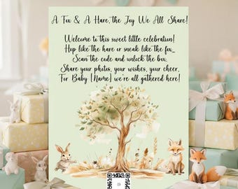 Baby Shower Fox & Hare Welcome Sign: Editable QR Code Sign (18x24, Digital File)