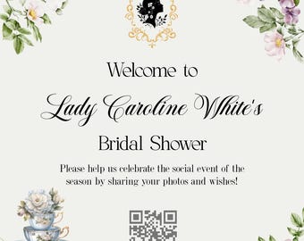 Bridgerton Bridal Shower QR Code Sign | Elegant Tea Party Decor (4 Sizes)