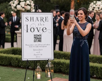 Share the Love -Elegant Whimsical Wedding QR Code Sign Template (Digital Download)