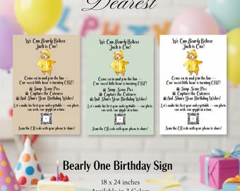 Bear 1st Birthday Photo Sharing Sign – Editable QR Code sign