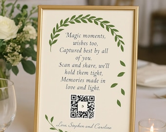 Greenery Wedding QR Code Sign: Share Photos & Wishes (Digital Download 8x10 Template)