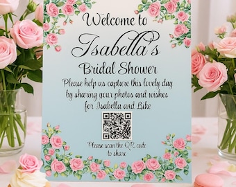 Blush Rose Bridal Shower Welcome QR Code Sign (8x10 Corjl Template)
