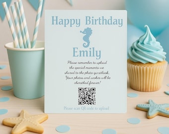 Seahorse Birthday QR Code Upload Card – Digital Photo Guestbook
