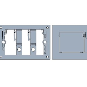 Puede incluir: Juego de dos piezas de componentes eléctricos de metal gris claro. Una pieza tiene tres aberturas rectangulares con agujeros circulares, la otra tiene dos. Las piezas están diseñadas para encajar.