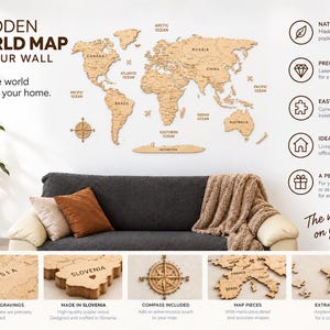 May include: A wooden world map wall art set featuring laser-cut continents, countries, and oceans. The display includes a compass rose, airplane icons, and island pieces. Text on the image reads: WOODEN WORLD MAP ON YOUR WALL.