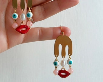 Abstract Face Earrings | Brass Earrings | Fun Earrings | Unique Earrings | Colorful Artistic Earrings