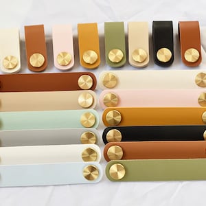 Può includere: Assortimento di 18 tiretti per cassetti in pelle con ferramenta in ottone in vari colori, tra cui marrone, beige, rosa, giallo, verde, grigio e blu.