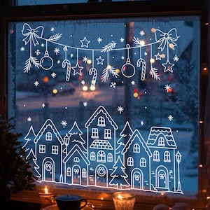 Christmas Window Art Template – Village & Swag, Chalk Marker Holiday Houses, Winter Decoration, Instant Download PDF
