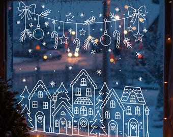 Christmas Window Art Template – Village & Swag, Chalk Marker Holiday Houses, Winter Decoration, Instant Download PDF