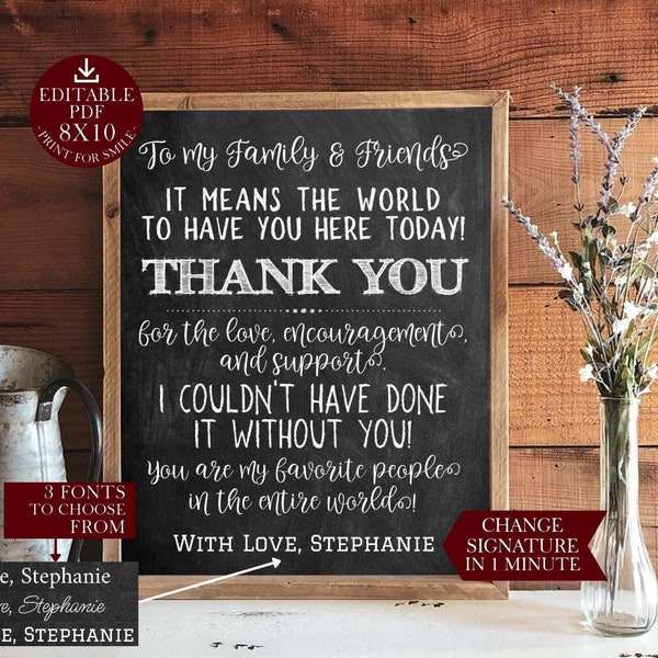 Graduation Thank You Sign PRINTABLE Party Decorations Personalizable DIY