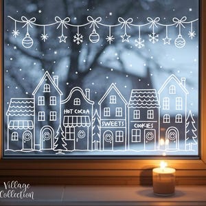 Afdrukbare raamkunst kerstdorp – Huisjes met warme cacao en snoep | Sjabloon voor krijtmarkeringen met swag | Pdf