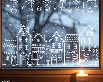 Printable Christmas Village Window Art – Hot Cocoa & Sweets Houses | Chalk Marker Template with Swag | PDF