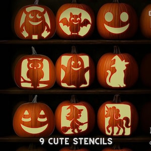 May include: Nine carved pumpkins with various Halloween-themed designs, including a bat, owl, ghost, cat, witch, and unicorn. The pumpkins are displayed on a dark wooden shelf. Text on the left says "PRINTABLE STENCILS" and "9 CUTE STENCILS" at the bottom.