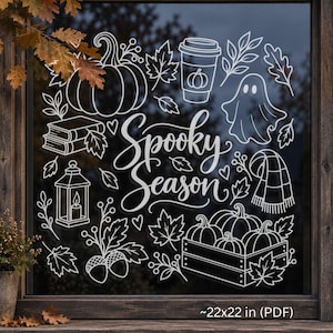 Puede incluir: Un adhesivo de vinilo blanco para ventana con el texto Spooky Season rodeado de ilustraciones lineales de calabazas, una taza de café, un fantasma, libros, un farol, una bufanda, bellotas y hojas de otoño, con una medida de 56x56 cm.