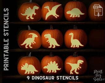 May include: Nine orange pumpkins with dinosaur stencils. The stencils are in various dinosaur shapes, including a T-Rex, a Stegosaurus, and a Pterodactyl. The text "PRINTABLE STENCILS" is on the left side, and "9 DINOSAUR STENCILS" is at the bottom.