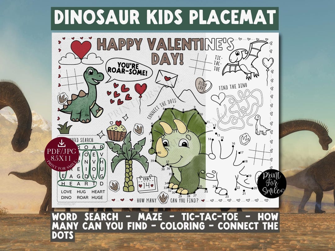 Dinosaur Valentine's Day Placemat PRINTABLE Activity Sheet for Kids ...