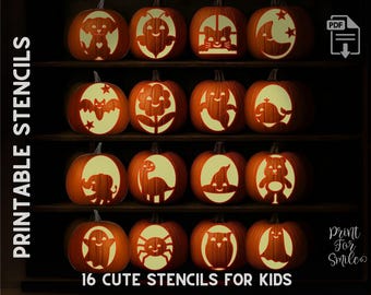 May include: A collection of sixteen carved pumpkins with various designs, including a dog, a cat, a bat, and a ghost. The pumpkins are arranged on shelves, with the text "Printable Stencils" and "16 Cute Stencils For Kids" visible.