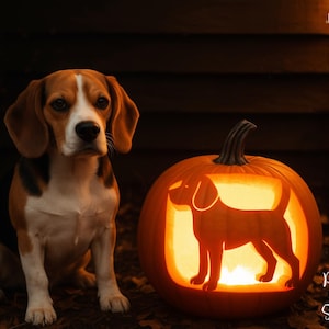 Pode incluir: Um cão beagle está sentado ao lado de uma abóbora esculpida com a silhueta de um beagle. A abóbora é iluminada por dentro, criando um brilho quente. O texto "PRINTABLE STENCIL" é impresso verticalmente.