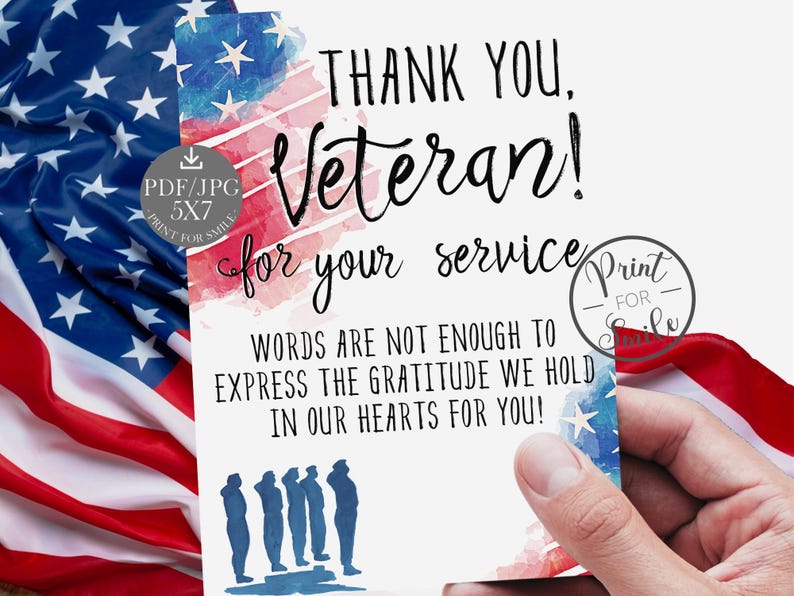 May include: A printable thank you card for veterans with a watercolor background of the American flag. The card says "Thank you, Veteran! for your service. Words are not enough to express the gratitude we hold in our hearts for you!"